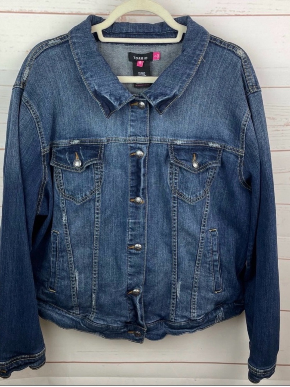 Torrid | Dark Wash Light Distressed Stretch Button Front Jean Jacket